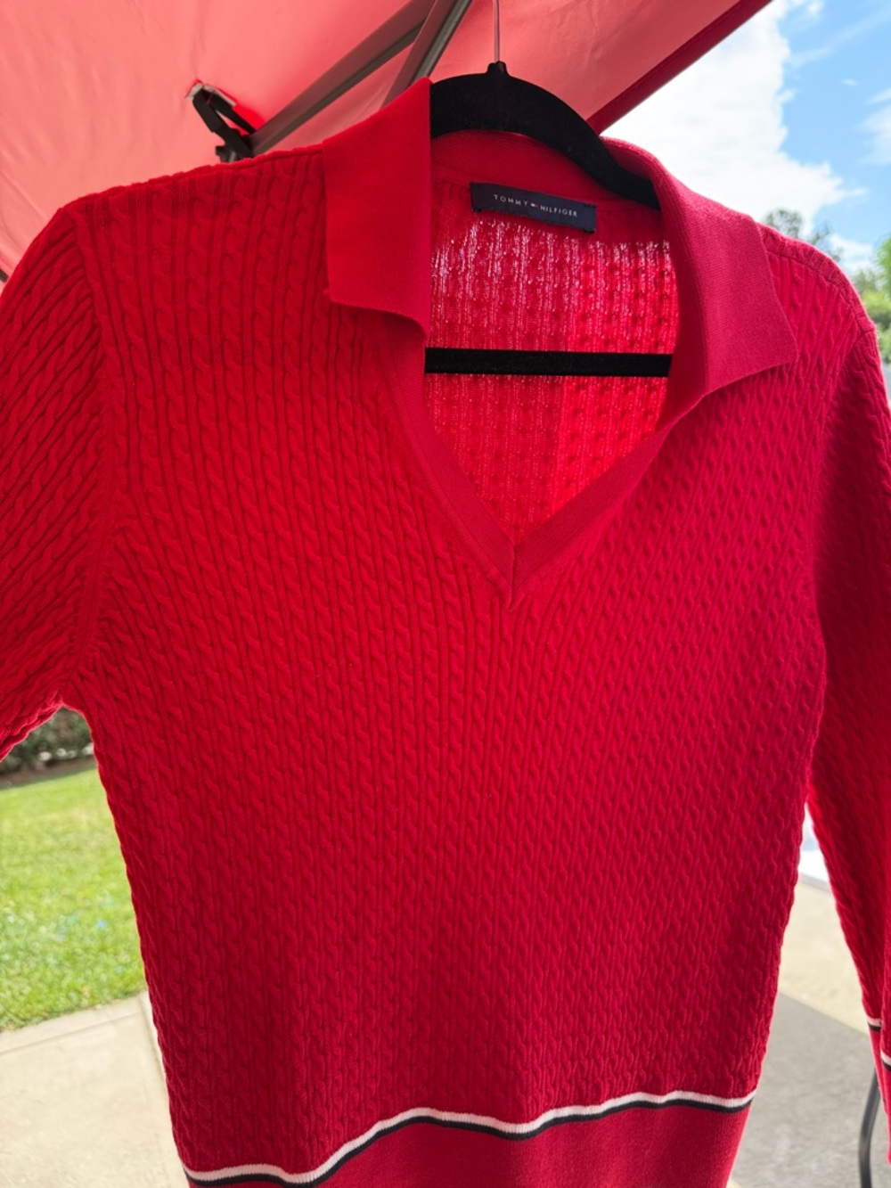 Tommy Hilfiger Bright Red Cable-Knit Polo Sweater